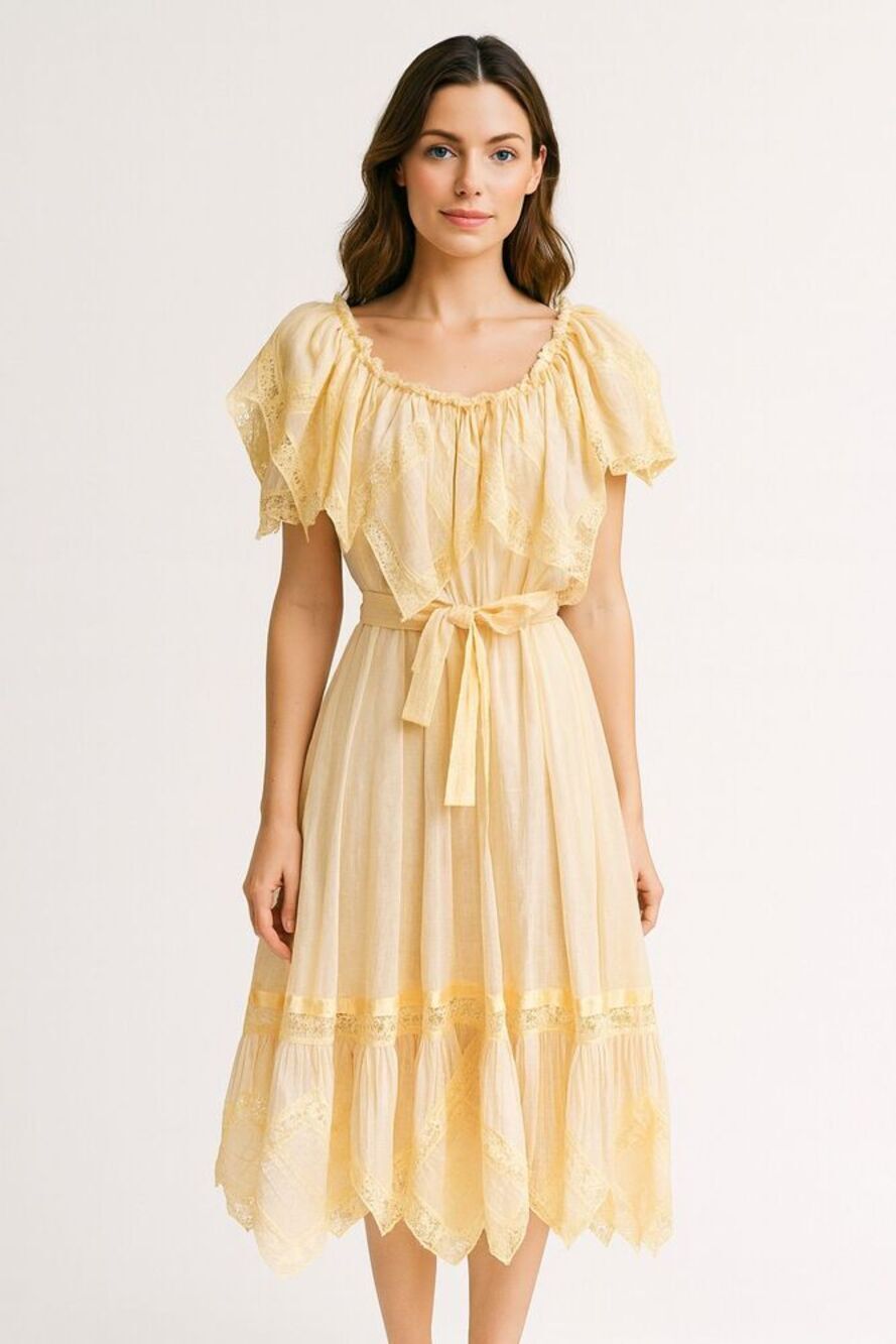 VTG 50s Edwardian Gauze Lace Trim Midi Dress S Ivory Formal Sleeveless Ruffle